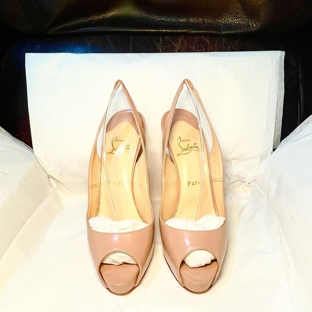 Christian Louboutin NoPrive 120 nude patent kid leather Peep slingback pump 39.5 - Picture 2 of 11